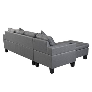 English Elm Sectional Linen Grey 4-Seat Sofa Set with L-Chaise, Cup Holder, Thick Foam Cushions, Left/Right W214S00007
