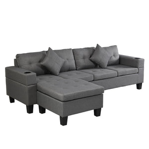 English Elm Sectional Linen Grey 4-Seat Sofa Set with L-Chaise, Cup Holder, Thick Foam Cushions, Left/Right W214S00007