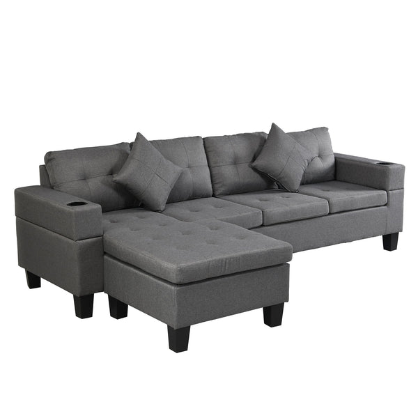 English Elm Sectional Linen Grey 4-Seat Sofa Set with L-Chaise, Cup Holder, Thick Foam Cushions, Left/Right W214S00007