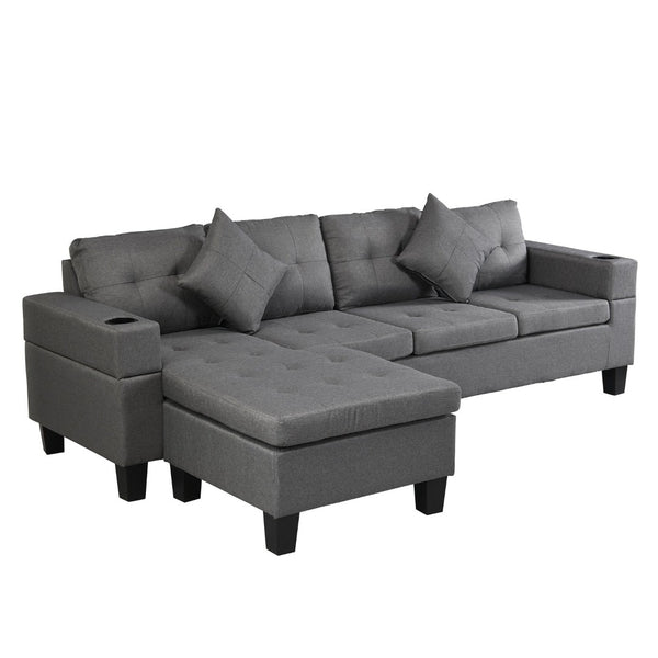 English Elm Sectional Sofa with Reversible Chaise Linen Upholstery Cup Holders Modern Living Room W21483858
