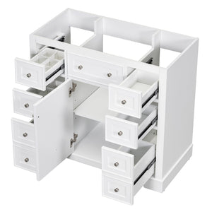 English Elm 36" Solid Wood Bathroom Vanity Base with 6 Drawers & 1 Door, Modern Freestanding Cabinet, Undermount-Compatible White WF306253AAK