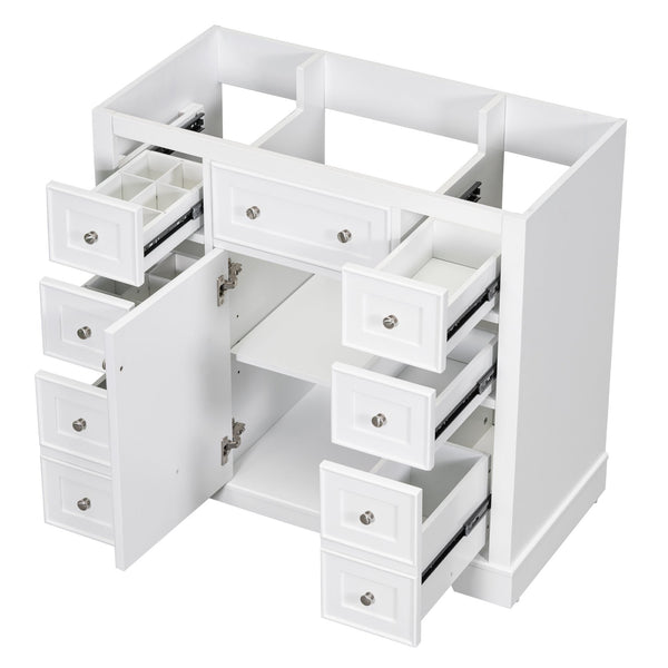 English Elm 36" Solid Wood Bathroom Vanity Base with 6 Drawers & 1 Door, Modern Freestanding Cabinet, Undermount-Compatible White WF306253AAK