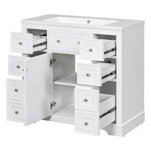 English Elm 36" Modern Bathroom Vanity with Ceramic Sink, Solid Wood & MDF Build, Six Drawers + Cabinet, Durable Finish and Adjustable Shelf for Organized Storage White SY999404AAK-6