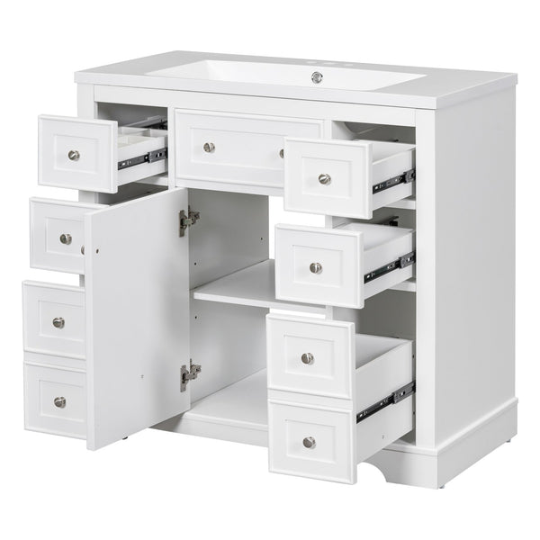 English Elm 36" Modern Bathroom Vanity with Ceramic Sink, Solid Wood & MDF Build, Six Drawers + Cabinet, Durable Finish and Adjustable Shelf for Organized Storage White SY999404AAK-6