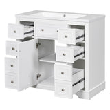 English Elm 36" Bathroom Vanity With Sink Combo, One Cabinet and Six Drawers, Solid Wood and Mdf Board, White