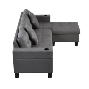 English Elm Sectional Linen Grey 4-Seat Sofa Set with L-Chaise, Cup Holder, Thick Foam Cushions, Left/Right W214S00007
