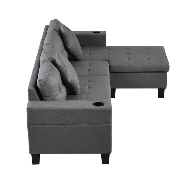 English Elm Sectional Linen Grey 4-Seat Sofa Set with L-Chaise, Cup Holder, Thick Foam Cushions, Left/Right W214S00007