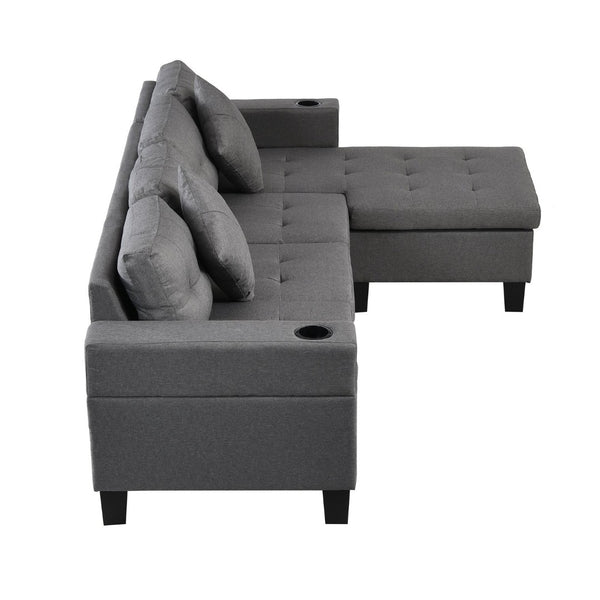 English Elm Sectional Sofa with Reversible Chaise Linen Upholstery Cup Holders Modern Living Room W21483858