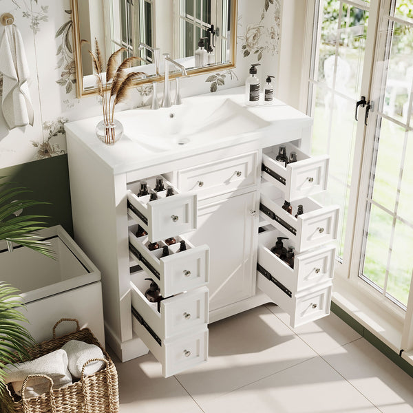 English Elm 36" Modern Bathroom Vanity with Ceramic Sink, Solid Wood & MDF Build, Six Drawers + Cabinet, Durable Finish and Adjustable Shelf for Organized Storage White SY999404AAK-6