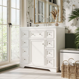 English Elm 36" Modern Bathroom Vanity with Ceramic Sink, Solid Wood & MDF Build, Six Drawers + Cabinet, Durable Finish and Adjustable Shelf for Organized Storage White SY999404AAK-6