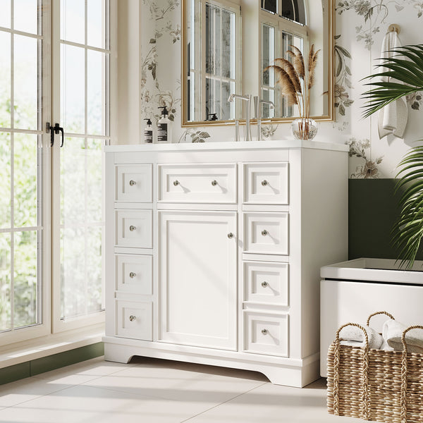 English Elm 36" Modern Bathroom Vanity with Ceramic Sink, Solid Wood & MDF Build, Six Drawers + Cabinet, Durable Finish and Adjustable Shelf for Organized Storage White SY999404AAK-6