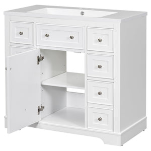 English Elm 36" Modern Bathroom Vanity with Ceramic Sink, Solid Wood & MDF Build, Six Drawers + Cabinet, Durable Finish and Adjustable Shelf for Organized Storage White SY999404AAK-6
