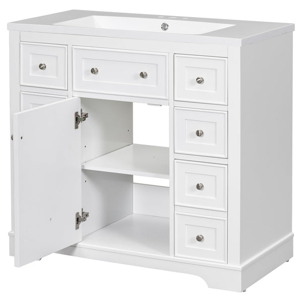 English Elm 36" Modern Bathroom Vanity with Ceramic Sink, Solid Wood & MDF Build, Six Drawers + Cabinet, Durable Finish and Adjustable Shelf for Organized Storage White SY999404AAK-6