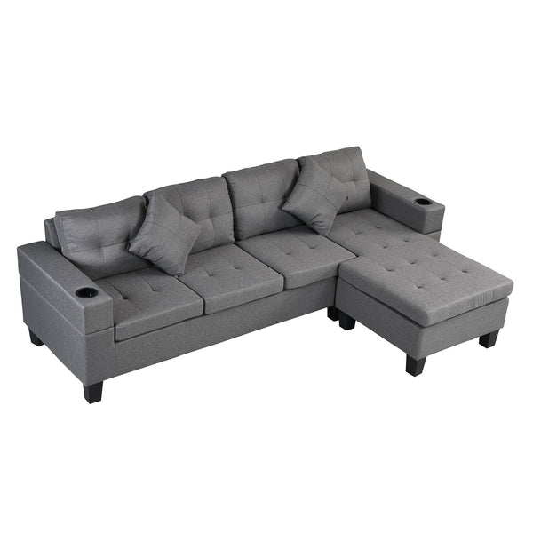 English Elm Sectional Linen Grey 4-Seat Sofa Set with L-Chaise, Cup Holder, Thick Foam Cushions, Left/Right W214S00007