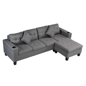 English Elm Sectional Sofa with Reversible Chaise Cup Holders Gray Linen 4 Seat Living Room W21483854