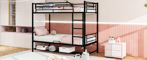 English Elm Twin Over Twin Metal Bunk Bed with Integrated Ladder, Guardrails & Under-Shelf Storage for Kids Black MF305475AAB