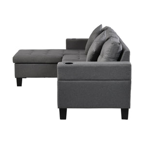 English Elm Sectional Linen Grey 4-Seat Sofa Set with L-Chaise, Cup Holder, Thick Foam Cushions, Left/Right W214S00007