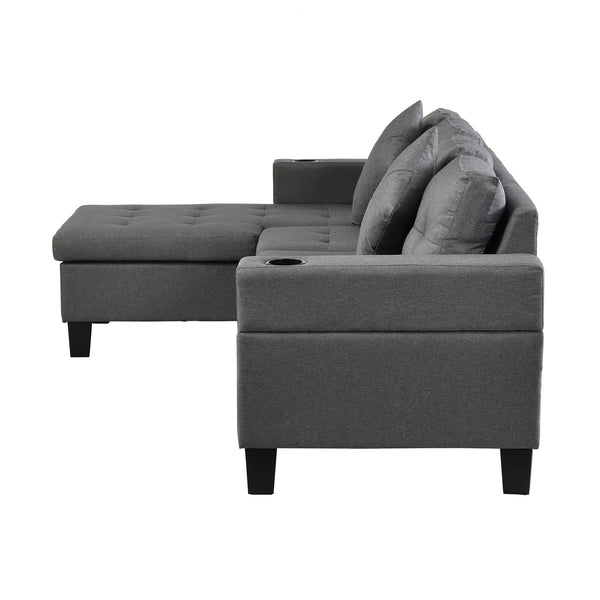 English Elm Sectional Linen Grey 4-Seat Sofa Set with L-Chaise, Cup Holder, Thick Foam Cushions, Left/Right W214S00007
