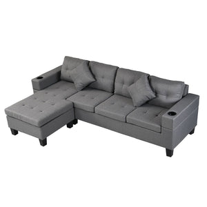 English Elm Sectional Sofa with Reversible Chaise Cup Holders Gray Linen 4 Seat Living Room W21483854