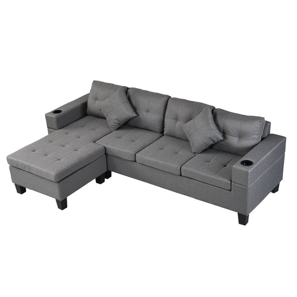 English Elm Sectional Sofa with Reversible Chaise Linen Upholstery Cup Holders Modern Living Room W21483858