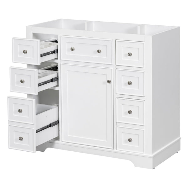 English Elm 36" Solid Wood Bathroom Vanity Base with 6 Drawers & 1 Door, Modern Freestanding Cabinet, Undermount-Compatible White WF306253AAK