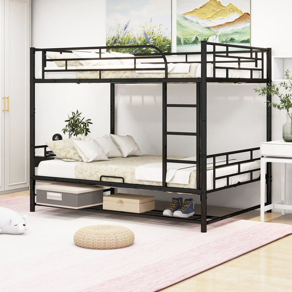 English Elm Full Full Over Metal Bunk Bed with Integrated Ladder, Guardrails and Under-Shelf Storage, Sturdy Steel Frame Black SF000006AAB