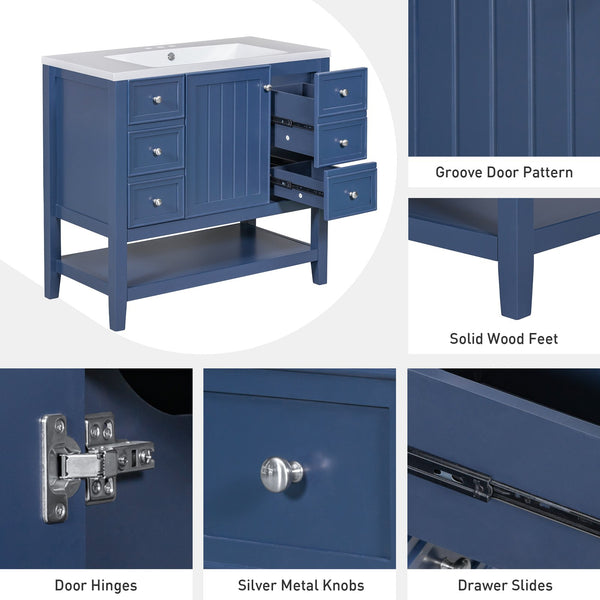 English Elm 36" Bathroom Vanity With Sink, Stylish Blue Finish, Ample Storage, Durable Design For Modern Spaces N725P246500C
