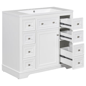 English Elm 36" Modern Bathroom Vanity with Ceramic Sink, Solid Wood & MDF Build, Six Drawers + Cabinet, Durable Finish and Adjustable Shelf for Organized Storage White SY999404AAK-6