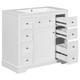 English Elm 36" Bathroom Vanity With Sink Combo, One Cabinet and Six Drawers, Solid Wood and Mdf Board, White