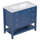 English Elm 36" Bathroom Vanity With Sink Combo, One Cabinet and Three Drawers, Solid Wood and Mdf Board, Blue