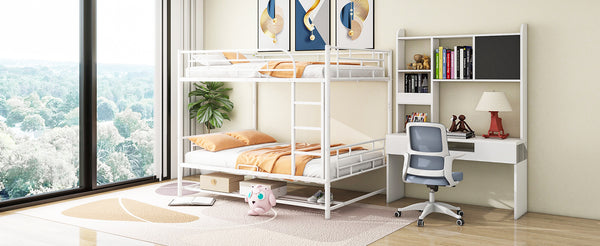 English Elm Full Full Over Metal Bunk Bed with Integrated Ladder, Guardrails and Under-Shelf Storage, Sturdy Steel Frame White SF000006AAK