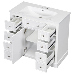 English Elm 36" Modern Bathroom Vanity with Ceramic Sink, Solid Wood & MDF Build, Six Drawers + Cabinet, Durable Finish and Adjustable Shelf for Organized Storage White SY999404AAK-6