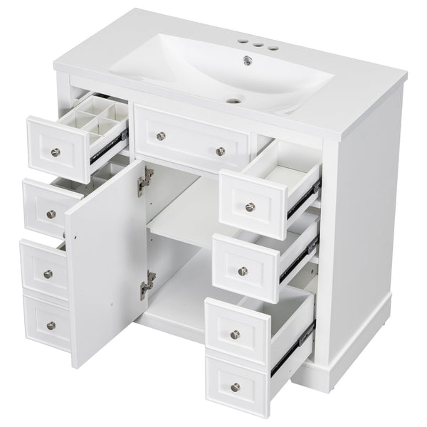 English Elm 36" Modern Bathroom Vanity with Ceramic Sink, Solid Wood & MDF Build, Six Drawers + Cabinet, Durable Finish and Adjustable Shelf for Organized Storage White SY999404AAK-6