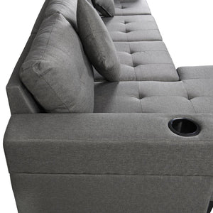 English Elm Sectional Sofa with Reversible Chaise Linen Upholstery Cup Holders Modern Living Room W21483858