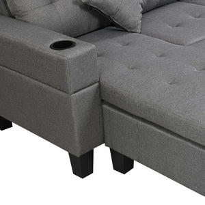 English Elm Sectional Linen Grey 4-Seat Sofa Set with L-Chaise, Cup Holder, Thick Foam Cushions, Left/Right W214S00007