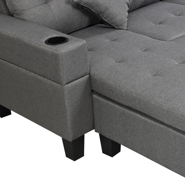 English Elm Sectional Linen Grey 4-Seat Sofa Set with L-Chaise, Cup Holder, Thick Foam Cushions, Left/Right W214S00007