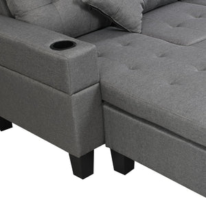 English Elm Sectional Sofa with Reversible Chaise Linen Upholstery Cup Holders Modern Living Room W21483858