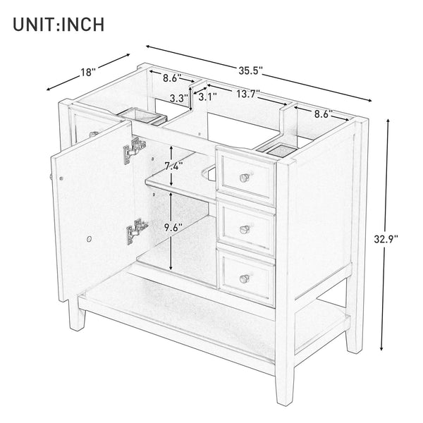 English Elm 36" Modern Black Bathroom Vanity Base with 1 Door, 3 Drawers, Solid Poplar Build, Undermount Ready, 200lb Capacity WF306244AAB