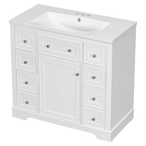 English Elm 36" Modern Bathroom Vanity with Ceramic Sink, Solid Wood & MDF Build, Six Drawers + Cabinet, Durable Finish and Adjustable Shelf for Organized Storage White SY999404AAK-6
