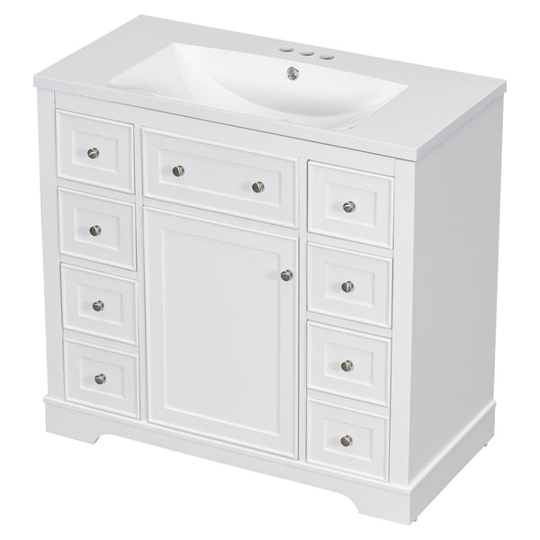 English Elm 36" Modern Bathroom Vanity with Ceramic Sink, Solid Wood & MDF Build, Six Drawers + Cabinet, Durable Finish and Adjustable Shelf for Organized Storage White SY999404AAK-6