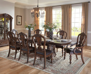 English Elm Traditional Bergen Dining Table Dark Oak Finish with 14" Extension Leaf, Routed Pilasters & Moldings B011S00440