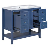 English Elm 36" Bathroom Vanity With Sink Combo, One Cabinet and Three Drawers, Solid Wood and Mdf Board, Blue