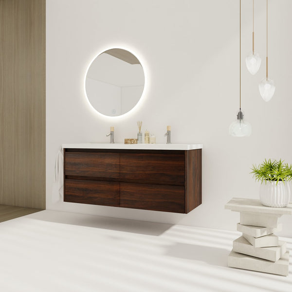 English Elm 48 Inch Floating Bathroom Vanity with Dual Resin Sinks, 4 Soft-Close Drawers, Water-Resist Finish W999110579
