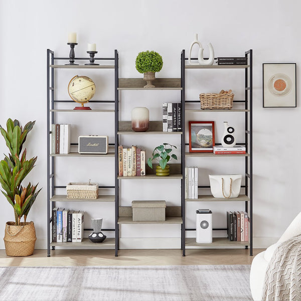 English Elm Triple Triple Wide 5-Shelf Bookshelves Industrial Retro Wooden Style Large Open Display Unit with Anti-Tip Straps and Adjustable Feet for Home Office Storage and Decor 69.3"W x 11.8"D x 70.1"H Grey W1668102869