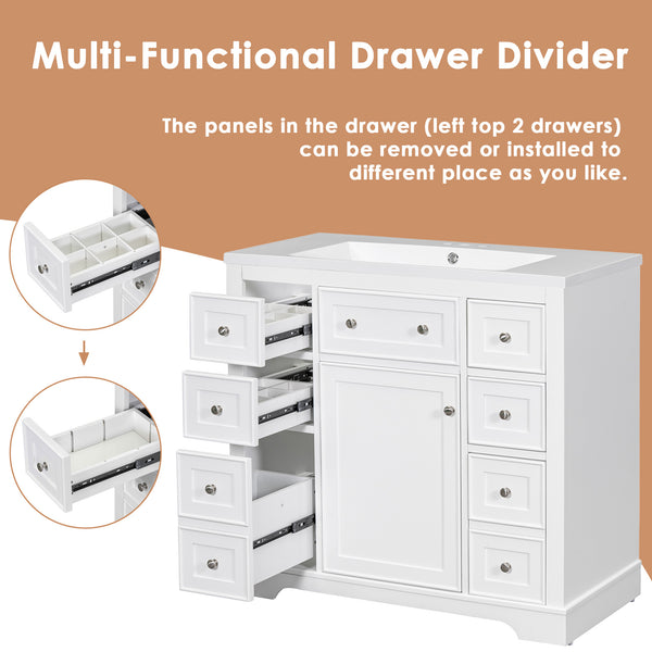 English Elm 36" Modern Bathroom Vanity with Ceramic Sink, Solid Wood & MDF Build, Six Drawers + Cabinet, Durable Finish and Adjustable Shelf for Organized Storage White SY999404AAK-6