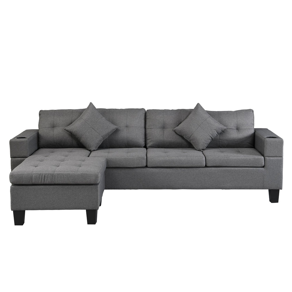 English Elm Sectional Linen Grey 4-Seat Sofa Set with L-Chaise, Cup Holder, Thick Foam Cushions, Left/Right W214S00007