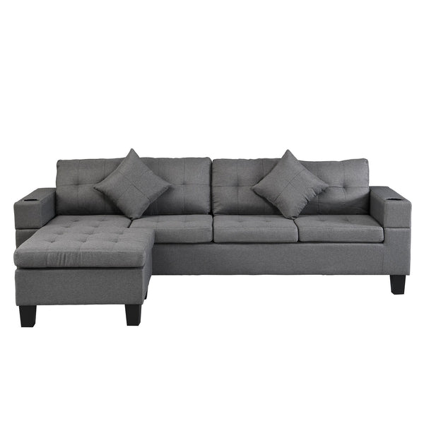 English Elm Sectional Linen Grey 4-Seat Sofa Set with L-Chaise, Cup Holder, Thick Foam Cushions, Left/Right W214S00007