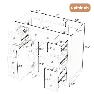 English Elm 36" Solid Wood Bathroom Vanity Base with 6 Drawers & 1 Door, Modern Freestanding Cabinet, Undermount-Compatible White WF306253AAK