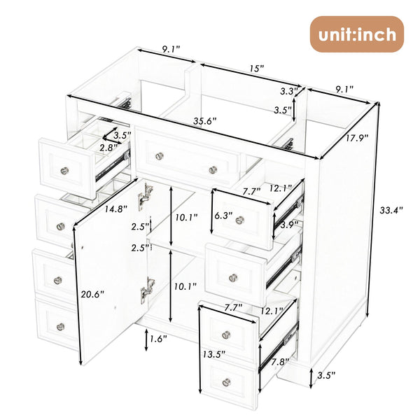 English Elm 36" Solid Wood Bathroom Vanity Base with 6 Drawers & 1 Door, Modern Freestanding Cabinet, Undermount-Compatible White WF306253AAK