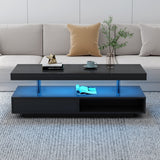 English Elm Led Coffee Table With Storage, Modern Center Table With 2 Drawers and Display Shelves, Accent Furniture With Led Lights For Living Room,Black